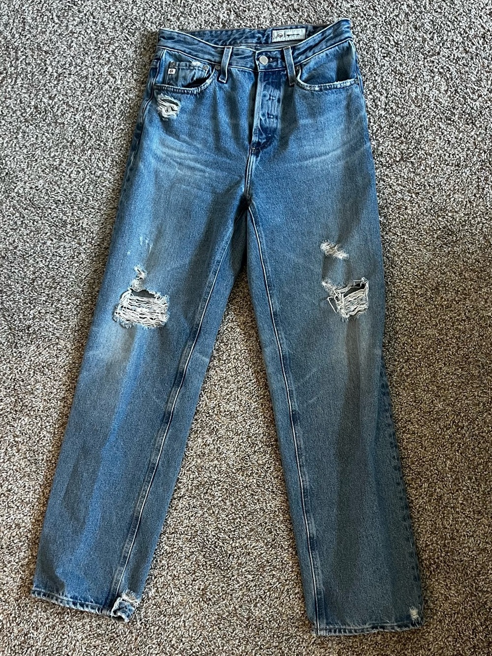 AG Adriano Goldschmied Distressed Straight Leg Jeans - Medium Blue